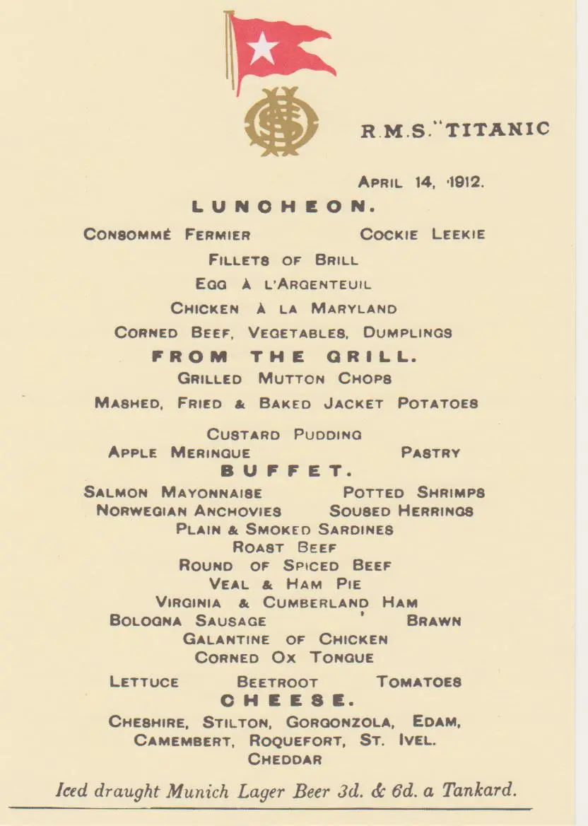 menu of luxury foods served on the titanic