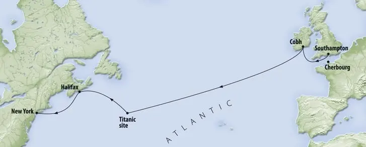 a map showing a course from Southampton, England across the Atlantic to New York, USA