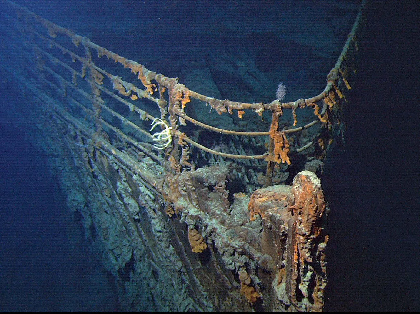 bow of the titanic covered in rust and barnacles underwater